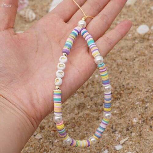 AOMU Simple Bohemian Pearl LOVE Letter Beaded Mobile Phone Lanyard Colorful Soft Ceramic Mobile Phone Chain Female Jewelry Gifts