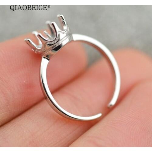 QIAOBEIGE crown ring parts wholesale open adjustable 925 sterling silver finger ring mounts stick on pearls diy accessory