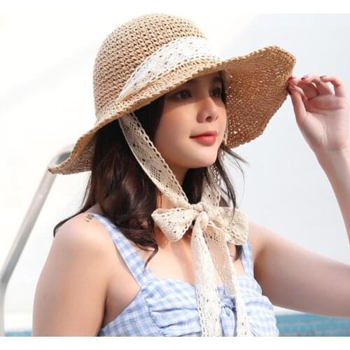 Summer Travel Women Straw Hat Foldable Crochet Knit Straw Lace Tie Large Brim Hat Sun Protection Sunhat шляпа женская летняя