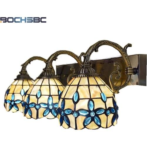BOCHSBC Blue Lilac Shell Wall Lamps with Double Heads Three Heads European Lights Natural Shell LED Lamp Applique Murale Lampara