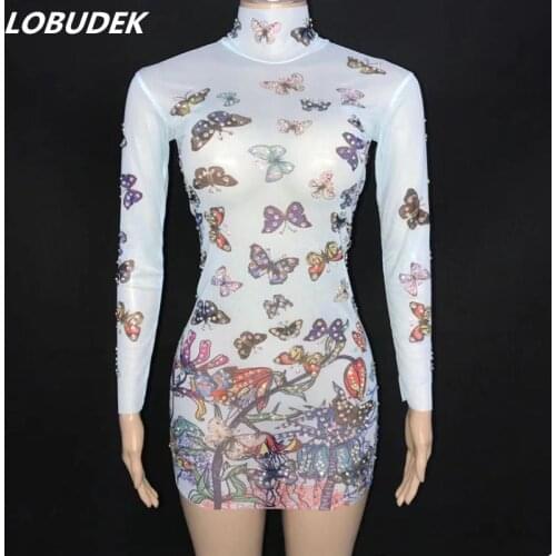 Women Singer Bar Stage Gogo Costume Sexy Mesh Perspective Butterfly Printing Mini Short Dress Birthday Celebrate Party Outfit