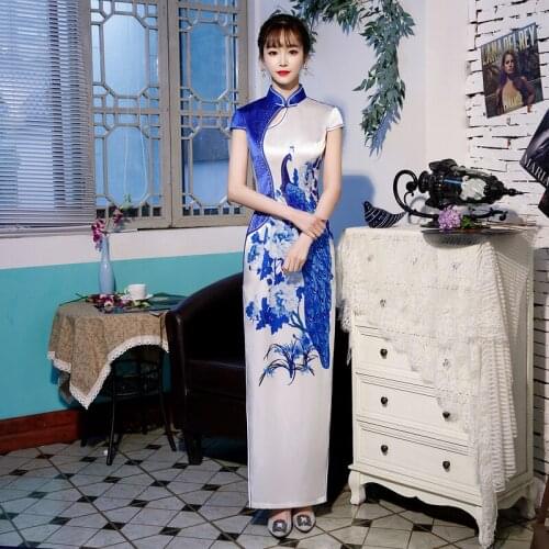 Rhinestone Vintage Ladies Print Chinese Traditional Long Qipao Slim Classic Mandarin Collar Stage Show Elegant Female Cheongsam