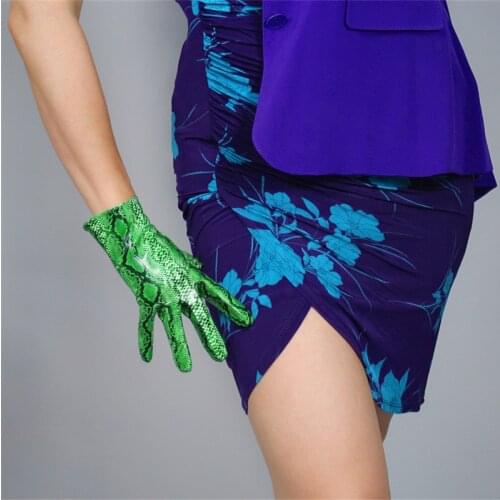 Snakeskin Short Gloves 21cm Patent Leather Emulation Leather PU Bright Leather Animal Python Green Snake pattern Female WPU105