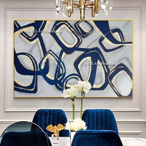 100% Handpainted Modern Abstract Blue Marble Circle Canvas Painting Wall Art Pictures for Living Room Office Home Decor No Frame