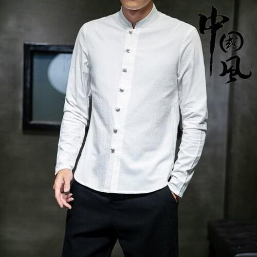 2021 Traditional Chinese Clothing For Men Cotton Linen Solid Color Shirts Kung Fu Taichi Tang Suit Retro Stand Collar Tops 31156