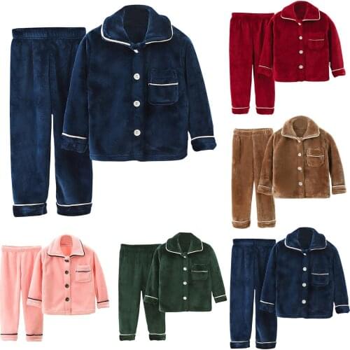 4# Baby Pajamas Kids Clothing Sets Toddler Kids Baby Boys Girls Solid Pajamas Winter Warm Coats Pants Outfits Set Soft Wear