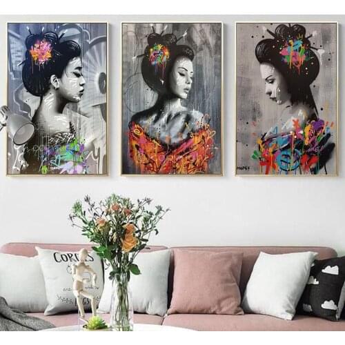 Abstract Watercolour Japanese Woman Art Painting On The Wall Decor Canvas Prints Graffiti Geisha Poster Picture For Living Room