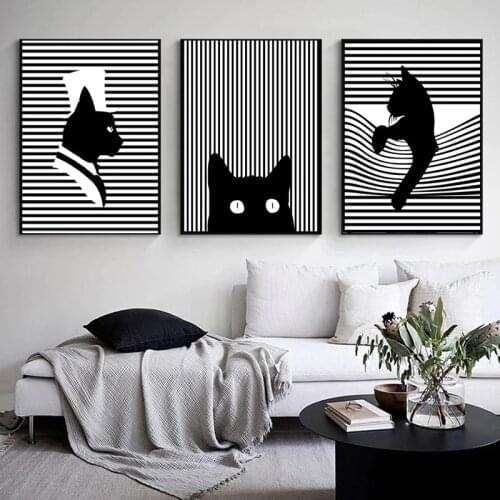 Abstract Line White And Black Cat Canvas Poster Nordic Wall Art Painting Animals Posters and Prints Wall Pictures Room Decor