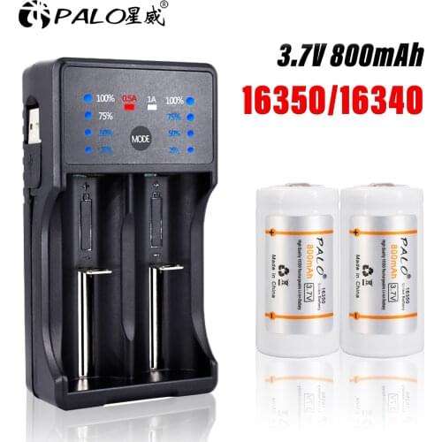 PALO 16340 Battery 800mAh 3.7V Rechargeable Lithium Li-ion Battery 16340/16350 batteria batteries with charger for aa 16340