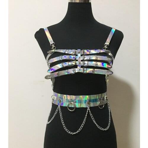 Handcrafted shinny silver party queen lingerie punk top bondage chain link waist belt straps suspenders