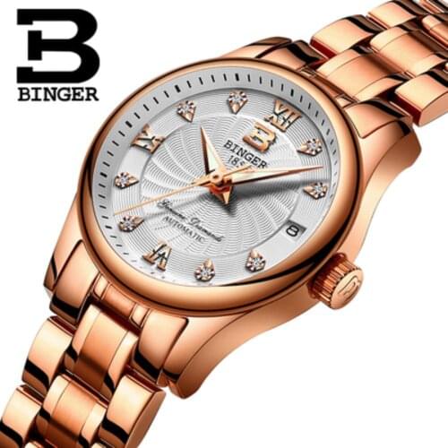 Genuine Luxury Switzerland BINGER Watch Women Automatic Mechanical Windmill Diamond Sapphire Fashion Calendar Female Waterproof