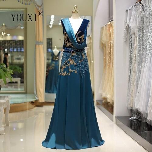 Dubai Blue V-Neck Sleeveless Prom Dresses Design 2020 Diamond Sequined Beaded Sexy Mermaid Prom Gowns YOUXI