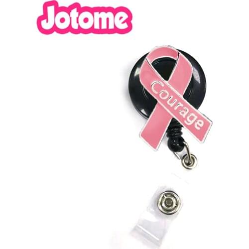 50pcs/lot Enamel Medical pink ribbon hope/courage/believe breast cancer id badge holder Retractable badge reel for nurse/gift