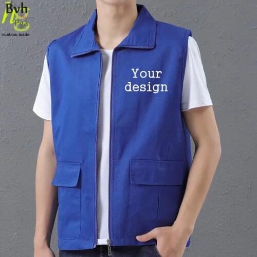 Customized design multi-pocket vest photo printing logo text 100% cotton vest clothes men and women work clothes uniform jacket