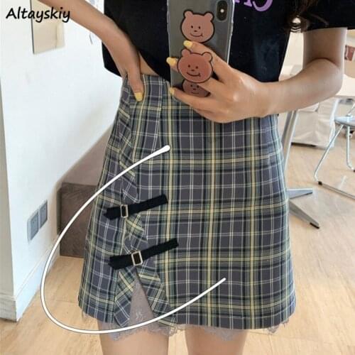 Plaid Skirts Women A-line Lace High Waist Korean Style Retro Elegant Trendy Cute Ulzzang Female Bottom Mini Popular Chic Slit