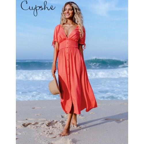 CUPSHE Red Buttoned Maxi Dress For Woman Sexy Plunge Neck Beach Holiday Dress 2021 Summer One-piece Sundress Vestidos