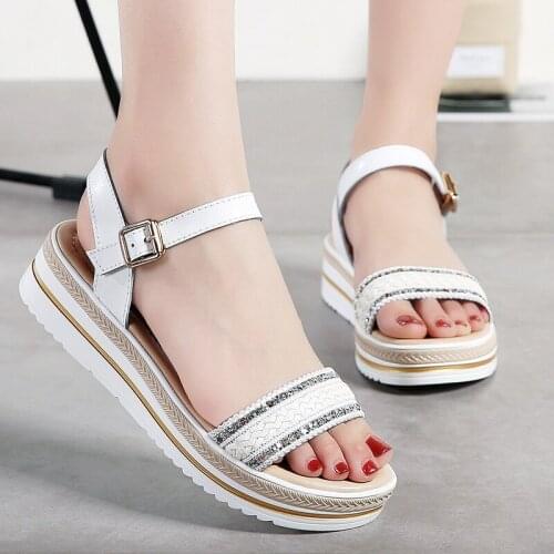 YSHUNIJ Split Leather Summer shoes woman Hand Woven women sandals platform Sandals women wedge beach flip flops ladies sandals