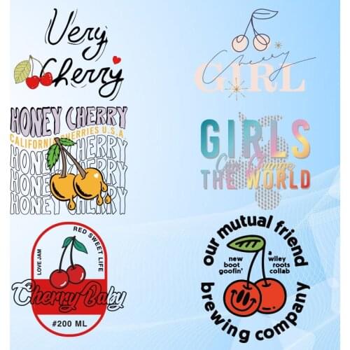 Cute Cartoon Cherry letter Pattern On Clothes Applique Decor Heat Transfer PVC Patch Letter Stickers Thermal Stickers