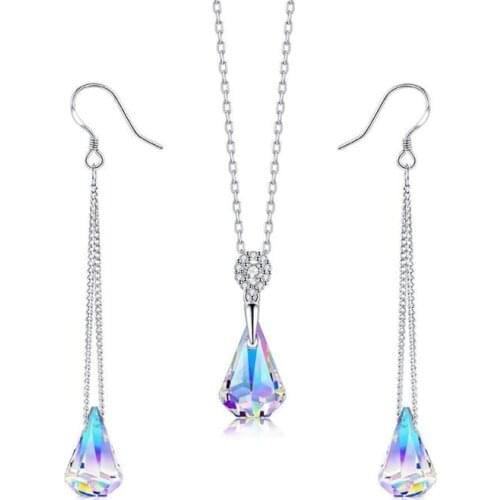 Fashion Colorful Crystal Pendant Angel Teardrop Crystal Necklace Earrings Festive Party Elegant Jewelry for Women