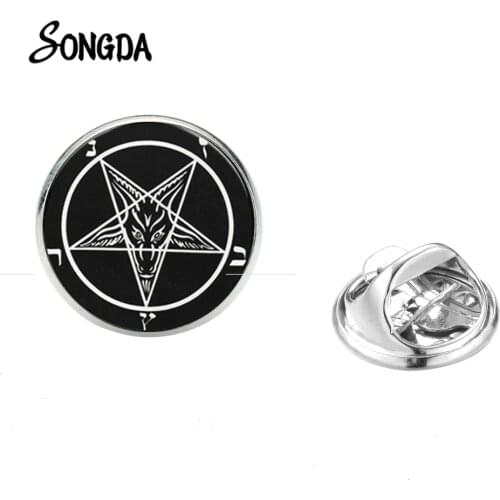 Satan Baphomet Pentagram Brooch Pins Skull Red Goat Head Glass Pattern 6 Styles Stainless Steel Men Coat Gothic Brooches
