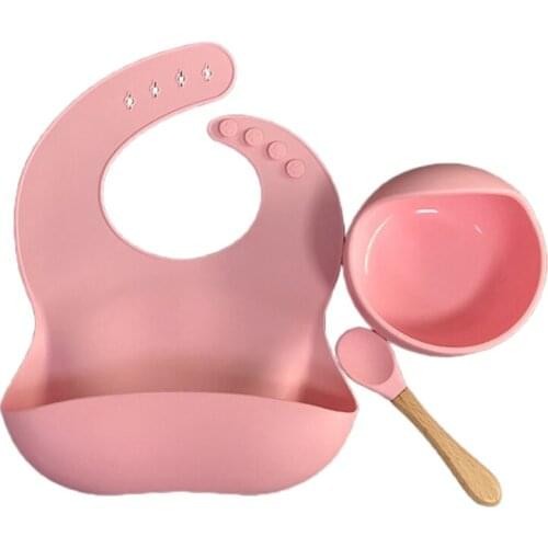 3Pcs Baby Tableware Set Newborn Silicone Bibs+Dinner Plate Bowl+Spoon Dishes Set