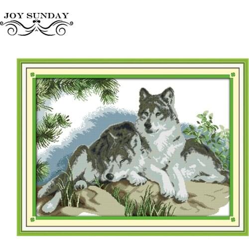 Joy Sunday Printed Cross Stitch Kits 11ct 14ct A Wolves Couple Crosstitch Kits DIY Handwork Counted Embroidery Needlework Sets