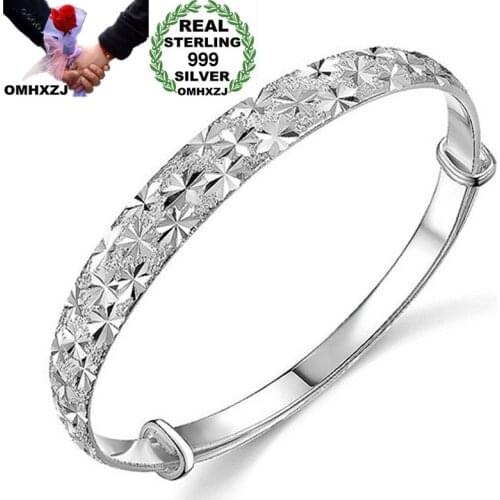OMHXZJ Wholesale European Fashion Woman Girl Party Wedding Gift Shiny Resizable S999 Sterling Silver Cuff Bangle BA56