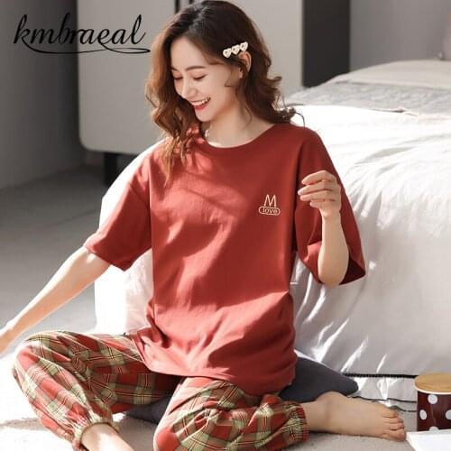 Pajamas Set Women Short Sleeve Grid Sleepwear Pure Cotton Autumn Homewear 2Piece/Set Leisure Home Clothes Female Plus Size 3xl