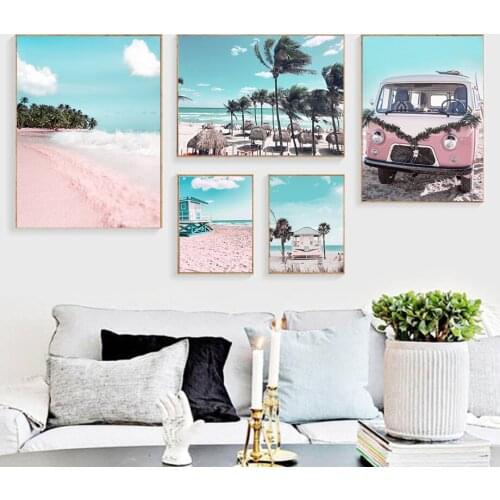 Pink Beach Cabin Car Coconut Tree Quote Wall Art Canvas Painting Nordic Posters and Prints Wall Pictures For Living Room Decor