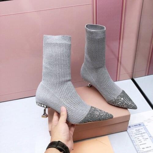 2021 Newest Hot Winter Shoes Woman Socks Boots Pointed-Toes Hoof Heels Boots Woman Stretch Boots Mid-Calf Boots Zapatos De Mujer