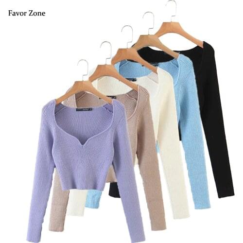 Sexy Square Neck Knitted Pullover Short Sweaters Women Winter Autumn Thin Long Sleeve Fit Solid Color Tops Women 2021 Streetwear