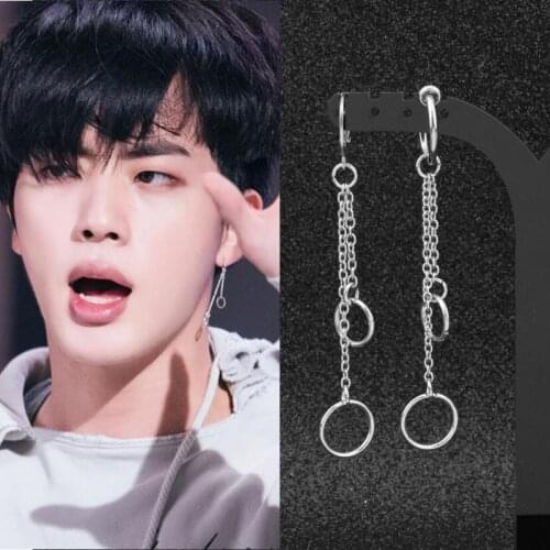 Unisex Korean Boys Guys Punk Stud Earrings Long Chain Round Circle Pendant Women Men Stainless Steel Hipster Grunge Accessory
