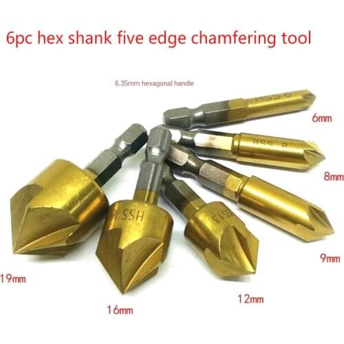 3PC/6Pcs 5 Flutes Countersink Chamfer Drill Bit 1/4" Hex Shank Titanium Coated Woodworking Core Dril Bit Power Tool Accessories