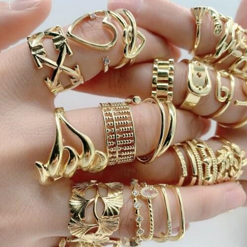 Dvacaman Vintage Gold Knotted Geometic Rings Exquisite Heart Star Leaves Ring for Women Minimalist Style Opening Rings Jewelry