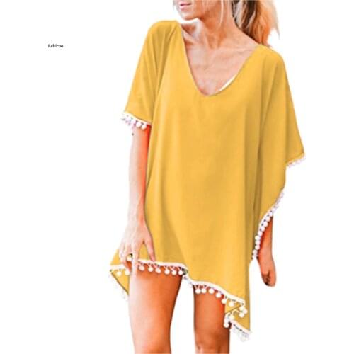 Women Tassel Bikini Cover Up Tunics Trim Kaftan Chiffon Tassels Swimwear Beach Loose Bikini Cover Up Tops Kimono