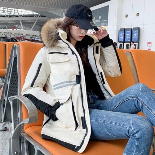 Korean Style Womens Winter Long Jacket Loose Plus Size Striped Parkas Woman Hooded With Fur Collar Cotton Padded Thick Coats