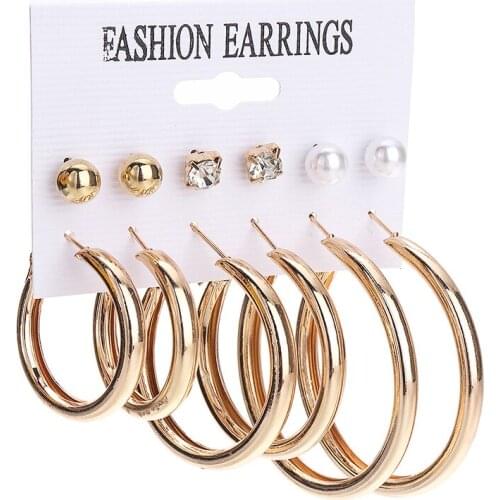 Fashion Faux Pearl Ear Stud Set Gold Big Circle Shape Earring Women Elegant Rhinestone Pearl Stud Earrings Trendy Jewelry