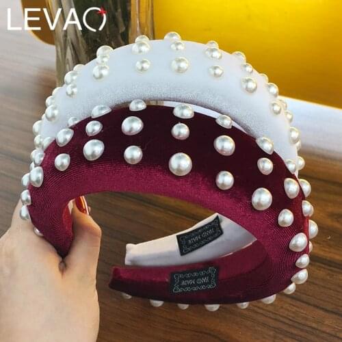 Levao Sponge Thick Velvet Headbands Padded Hairband for Women Hair Accessories Wide Faux Pearls Hair Hoop Head Bezel Headwear