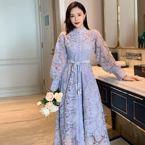 Runway High Quality Luxury Dress Women Lantern Sleeve Hollow Out Lace Embroidered Retro Longuette Dress Woman Sexy Party Dresses