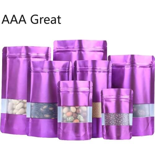 100Pcs/Lot Purple Stand Up Bags Aluminum-Plated Ziplock Bag Jerky Food Packaging Nuts Bag Window Storage Pouches Mylar Gifts New