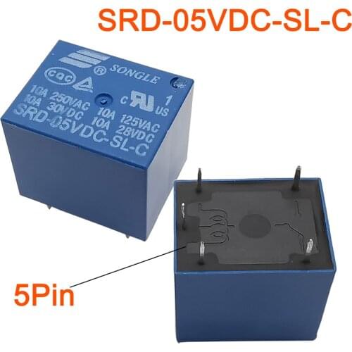 2Pcs/Lot DC 5V Coil 5-Pin Mini SPST Power Relay 10A Songle SRD-05VDC-SL-C Relay Auto Universal PCB Mount Power Relays