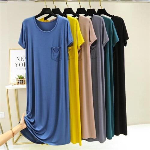 2020 Summer Women Loose O-neck Casual Dress Solid Color Cotton T Shirt Dress Vintage Modal Short Sleeve A-line Dresses FY112