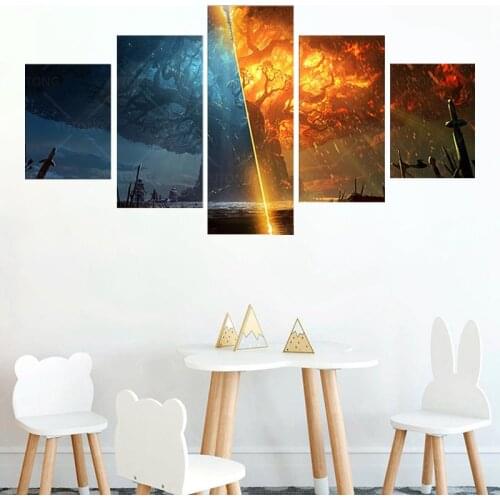 5 Piece Teldrassil Burning World of Warcraft Battle for Azeroth Game Posters Canvas Painting Wall Art for Home Decor frame