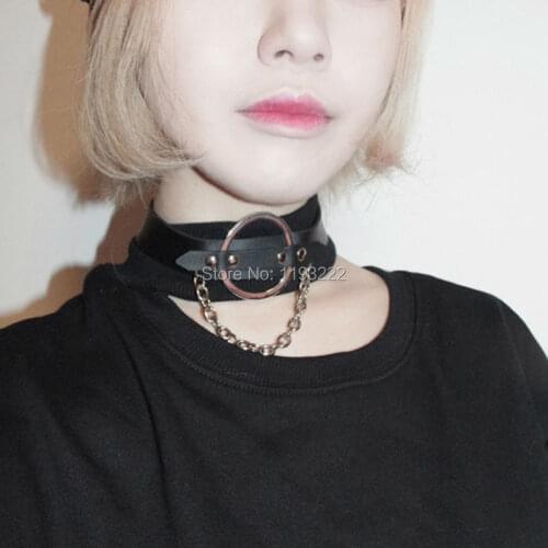 Designed Sexy Punk Gothic Handmade Metal O Round Chain Leather Collar Choker Necklace