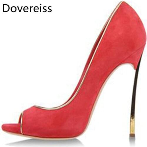 Dovereiss Fashion Womens Shoes summer new Elegant Apricot Red Slip on Peep toe Pumps sexy Office lady Party shoes 33-43