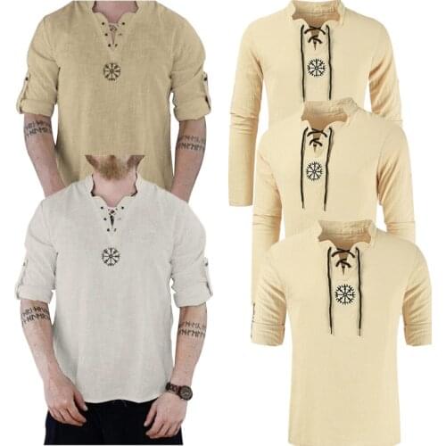 Renaissance Mens Nordic Retro T-shirt Tee Lace-Up Medieval Viking Pirate Linen Top Shirt Costume Adult Men Medieval Trousers