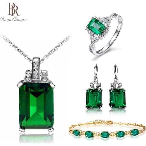 Bague Ringen Classic Silver 925 Jewelry Set For Charm Lady With Emerald Gemstones Earrings/Pendant/Necklace Cocktail Gift