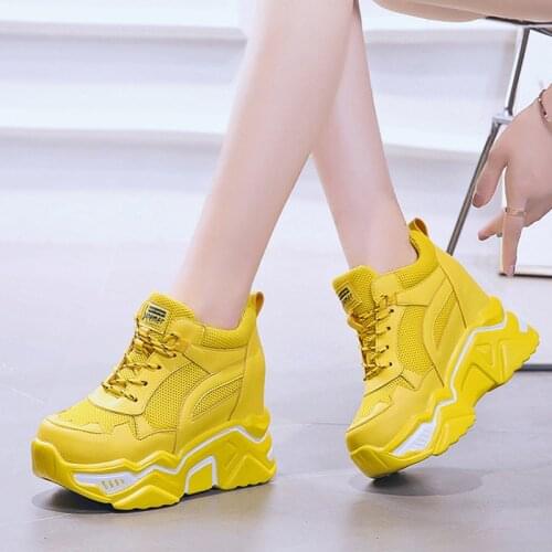 Hidden Heels Wedge Platform Sneakers Women Casual Lace Up Thick Bottom Walking Shoes Woman Non Slip Yellow Sneakers Mujer