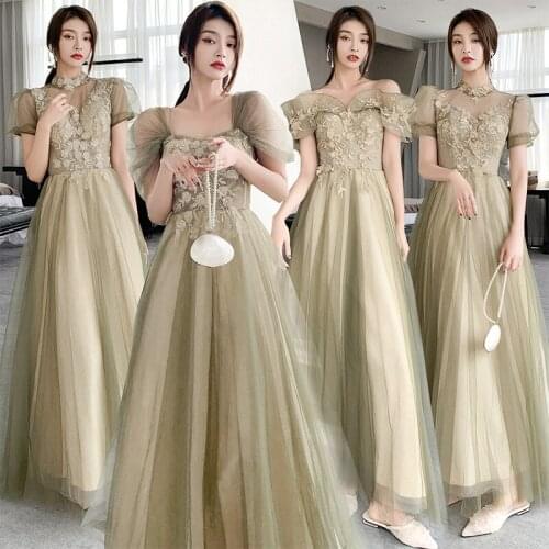 Bridesmaids Dress Illusion Strapless A-Line Appliques Off The Shoulder Embroidery Lace Floor-Length Lady Wedding Party Gown E248