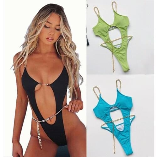 Summer Chain One Piece Swimwear Women Sexy Bikini Hollow Out Brazilian Bikini Black Bathing Suit Women Biquini